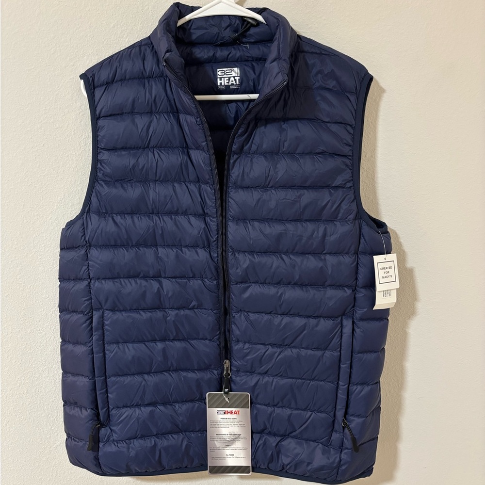 32 Degrees Men's Premium Duck Down Packable Puffer Vest Navy Blue Small NWT